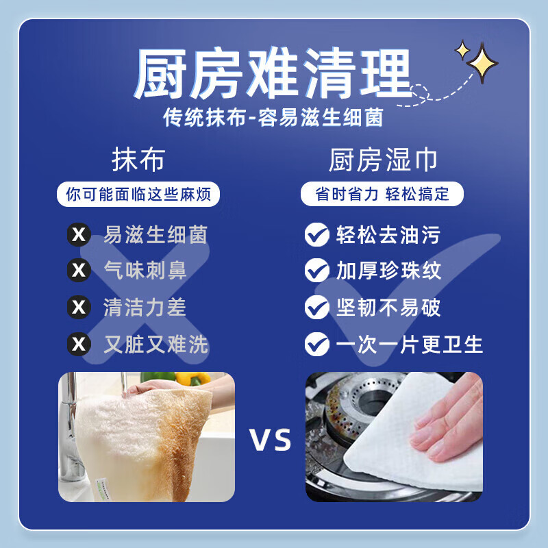 洋臣厨房清洁湿纸巾一次性去油污抹布加大加厚可水洗懒人抹布80抽 3大包【牛油果+去油+去污】