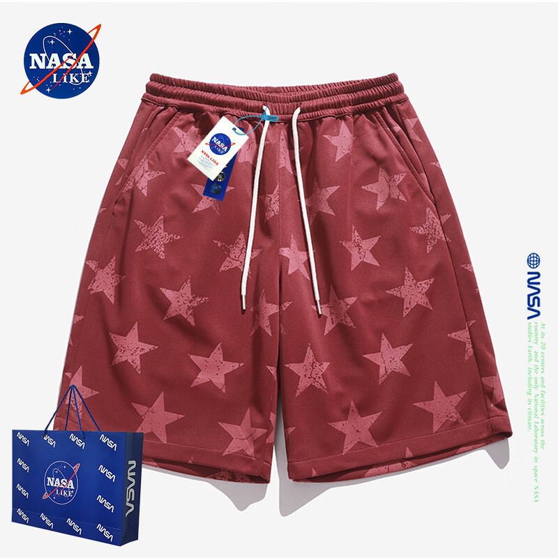 NASA LIKE潮牌联名短裤男美式高街休闲五分裤印花百搭沙滩裤运动跑步短裤子 酒红色 L （建议115-135斤）