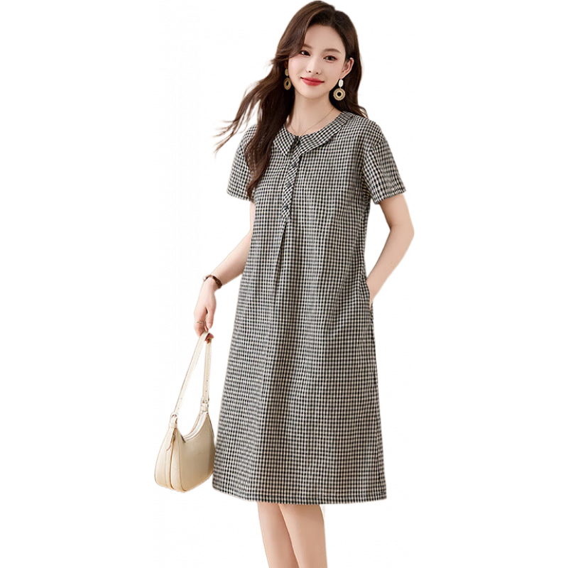 皮爾卡丹（pierre cardin）文藝復(fù)古格子棉麻連衣裙女夏季寬松娃娃領(lǐng)遮肚顯瘦亞麻減齡大碼裙 黑白格 M