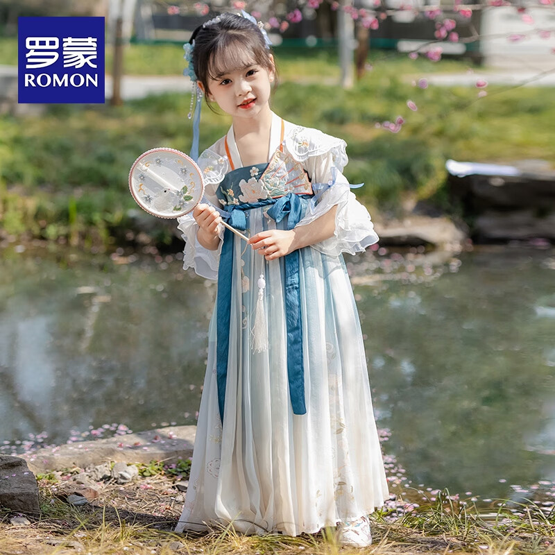 罗蒙儿童中国风原创齐胸襦裙2026款唐装女童汉服夏季毕业演出服 1188雾霾蓝襦裙 100