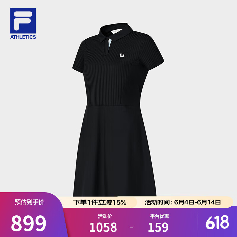 FILA 斐樂(lè)官方女子連衣裙2025夏季新款高爾夫運(yùn)動(dòng)防曬修身翻領(lǐng)裙 深黑-BK L 170/88A/L