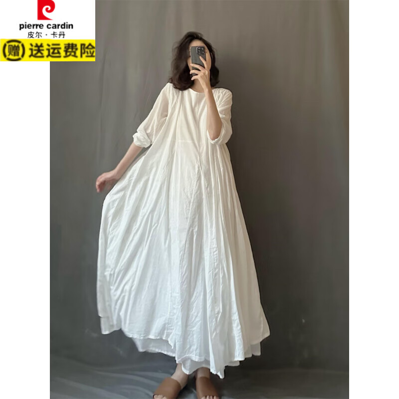 皮尔卡丹(pierre cardin)黑白圆领套头长袖长款连衣裙宽松森系薄棉长裙2026新款春夏长袍子 黑色长裙 均码 【建议90-165斤】