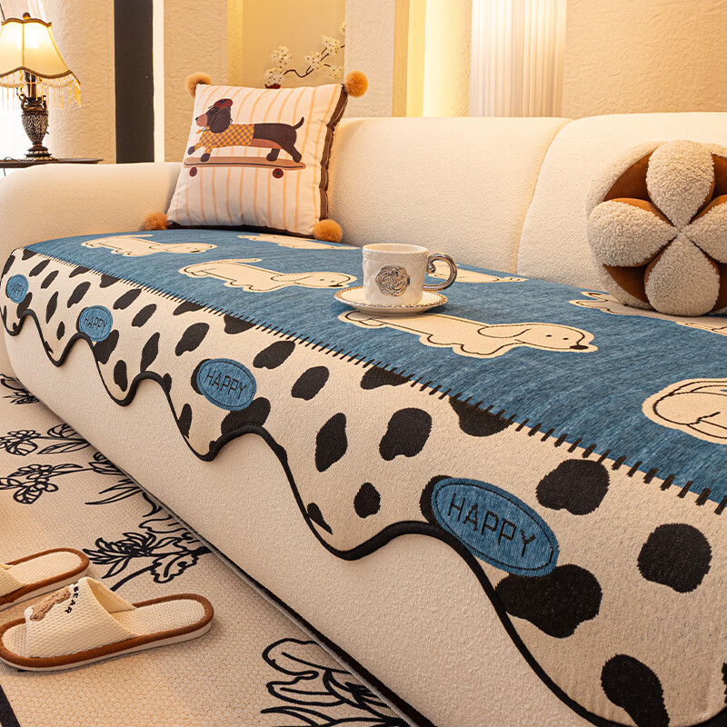 无印良品雪尼尔沙发垫四季通用2025新款卡通固定防滑防猫抓异形沙发座垫子 萌动-蓝莓牛奶 【耐抓不起球 加密硅胶底防滑】 90*90cm （加大加宽扶手/靠背）