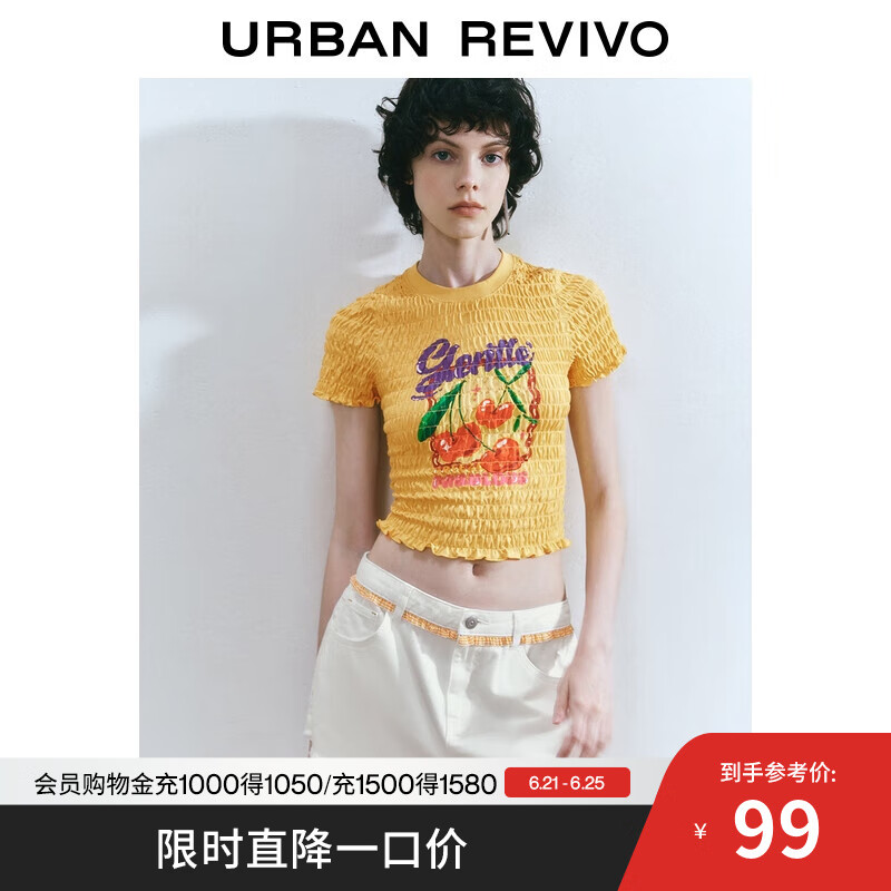 UR2025夏季新款女装波嬉风褶皱肌理撞色印花短袖T恤UYL450160 暖黄色 M