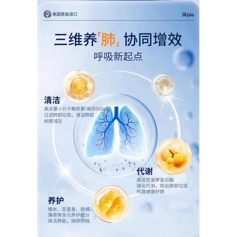 Skyoo美国进口槲皮素肺结节消除药磨玻璃清肺丸菠萝蛋白酶养肺润肺喉 3瓶【美国原装】护肺消结化痰止咳100%特惠效专用