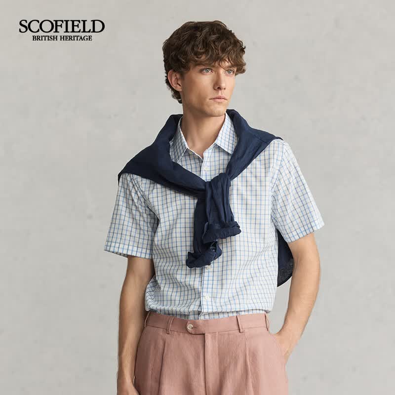 Scofield男士25夏季新品舒适纯棉时尚通勤清新小格子短袖衬衫 蓝色 M (170)
