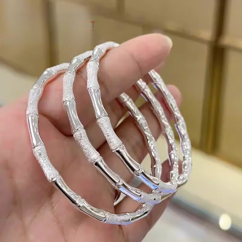 竹节银手镯一光一沙闭口手镯银新中式实心银镯 58圈口约25.5克