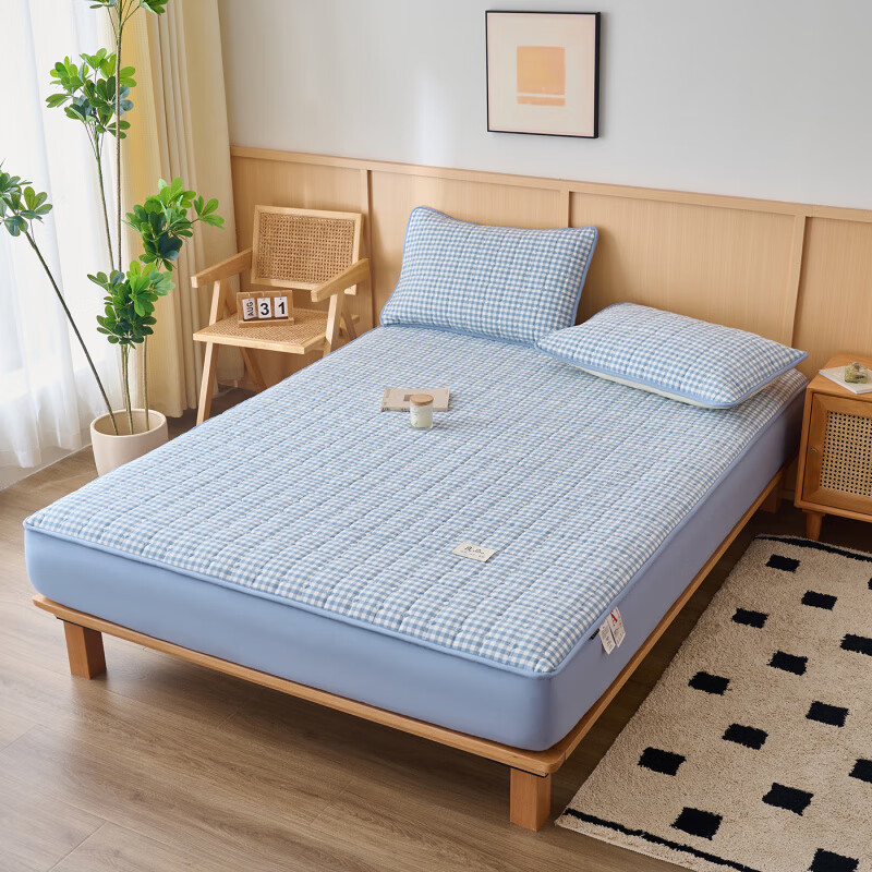 诸禄A类全棉夹棉床笠2米x2.2米2025新款四季通用床罩单件床垫保护隔脏 天蓝小格 床笠三件套 200cm*220cm