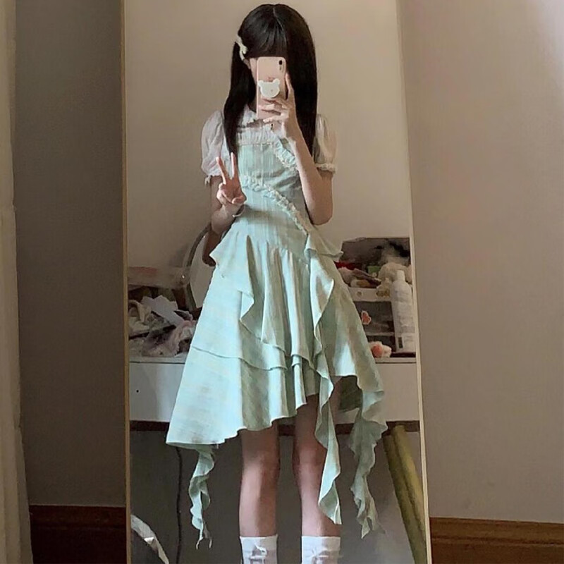 MOJY小個(gè)子穿搭一整套2025新款不規(guī)則荷葉邊吊帶連衣裙兩件套裝背帶裙 不規(guī)則吊帶裙單裙別致甜辣很仙 S