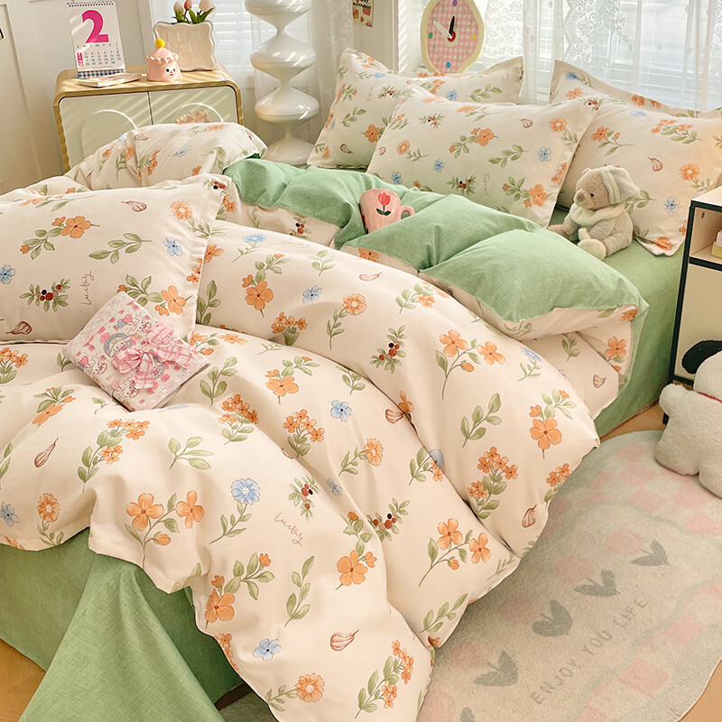 羽匠加厚磨毛小清新印花四件套学生宿舍套件家用床单柔软四件套秋冬季 春田花花 床单款 （被套150*200cm）三件套