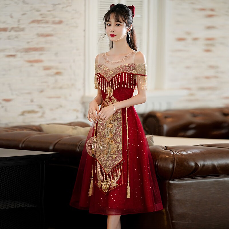 酷章（KUZHANG）酒紅色中式嫁衣秀禾服韓版一字肩婚禮晚宴刺繡禮服 適用于婚禮及 酒紅色中長款 XS