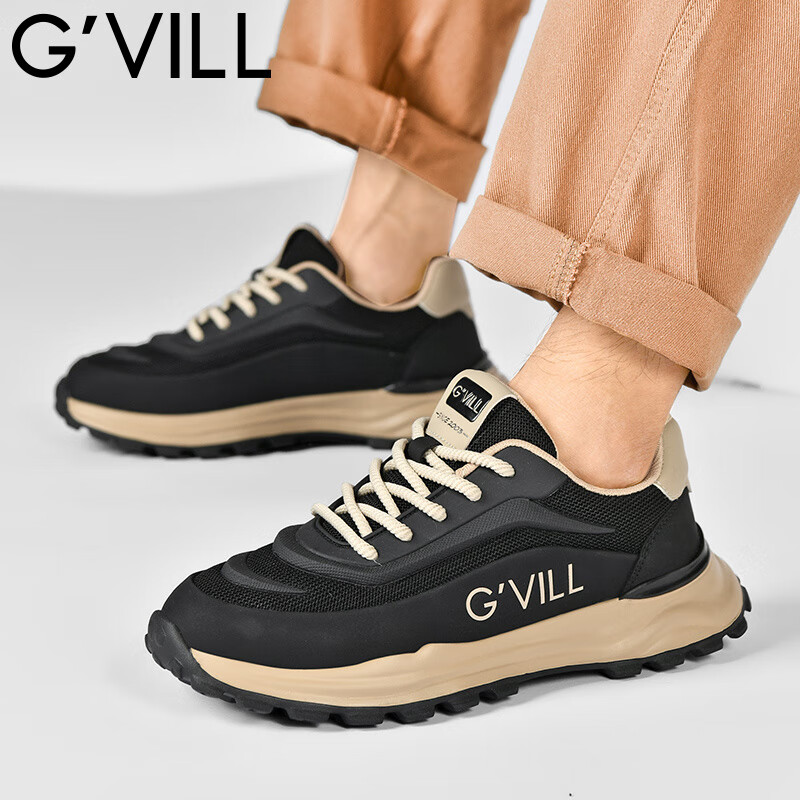 贵之步新款秋冬季舒适软底防滑缓震休闲鞋男款厚底增高运动鞋男鞋 黑杏 G003 42 （运动鞋码）