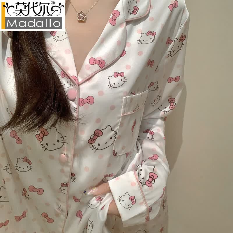 莫代爾hellokitty睡衣女春秋夏季冰絲綢長短袖可愛2026新款夏天家居服 可愛kitty貓（商場同款品質(zhì)）長袖+長褲 M 碼【建議體重80-100斤】