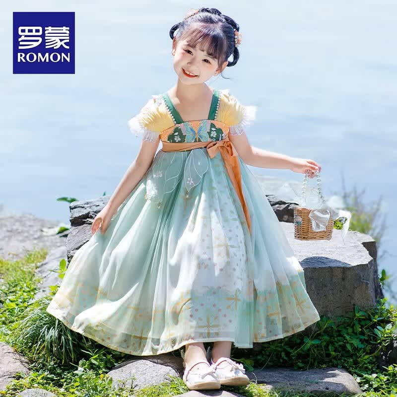 罗蒙女童汉服夏季款2026款儿童中国风原创齐胸襦裙唐装毕业演出服 HQ1200 锦缎绿襦裙 110