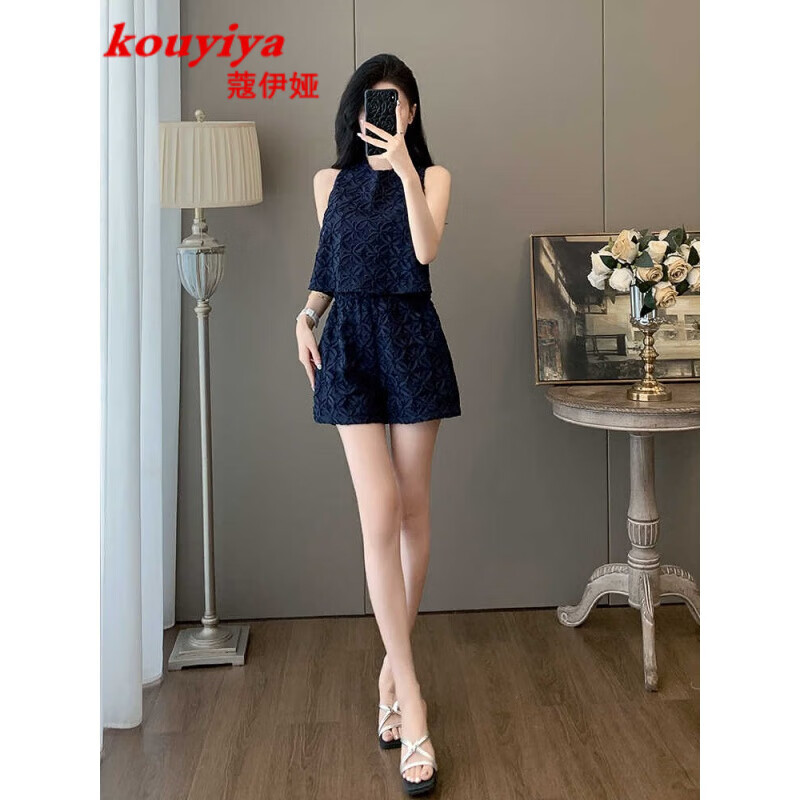 蔻伊婭（Kouyiya）品牌女裝新品套裝女2025夏季新款氣質(zhì)洋氣短褲上衣高腰短褲兩件套 寶藍石 XL