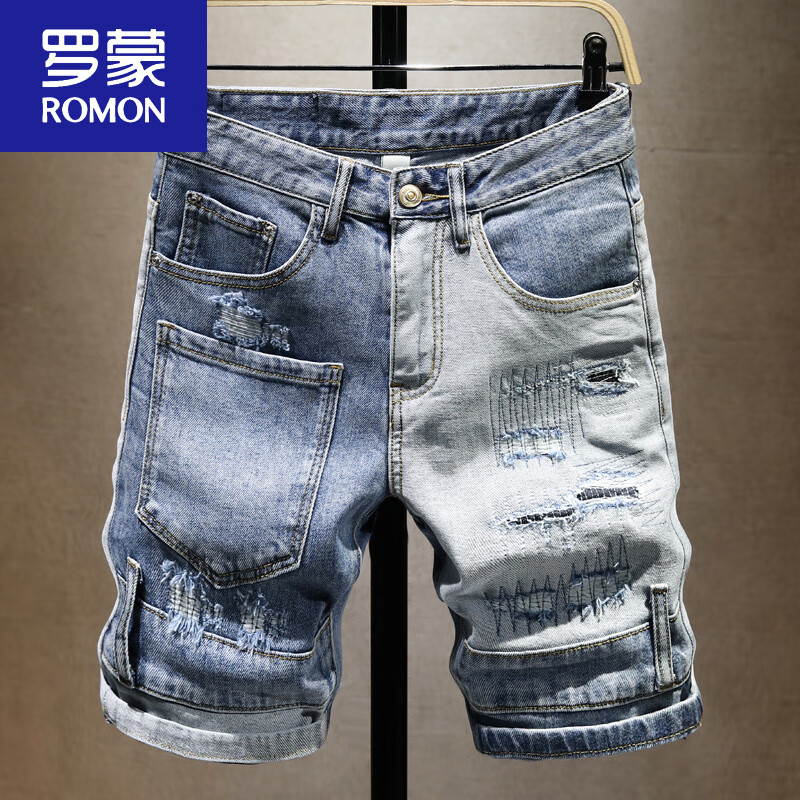羅蒙（ROMON）破洞牛仔短褲男潮牌ins個(gè)性炸街中褲夏季薄款補(bǔ)丁修身五分褲 KTC-259 36 (2尺8)