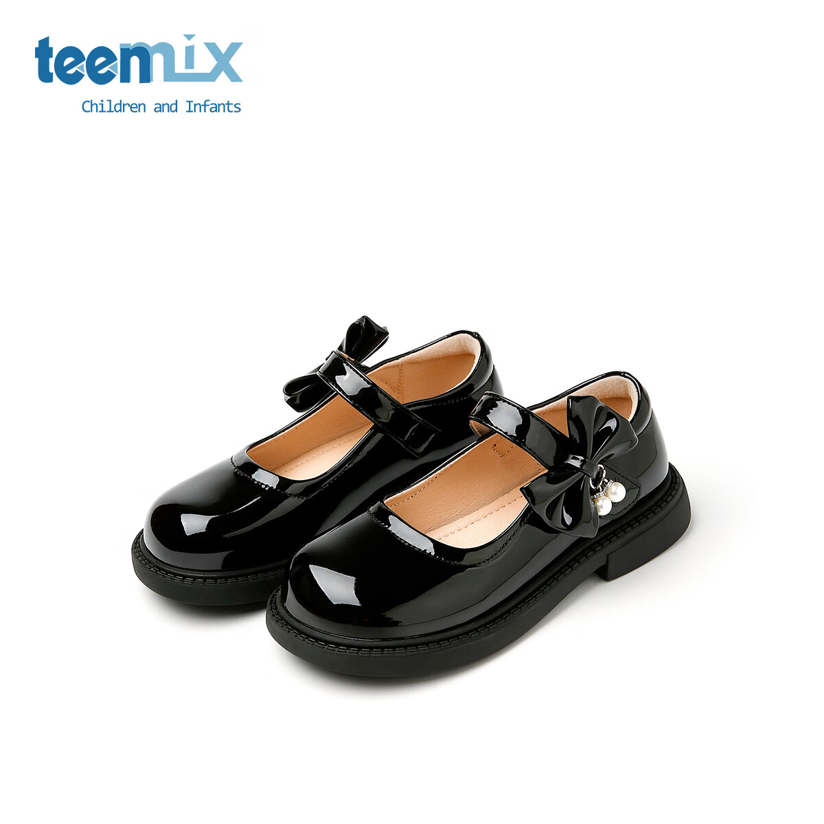 天美意天美意儿童2025秋季新款女童中大童软底女孩时尚百搭蝴蝶结小皮鞋 黑色 35
