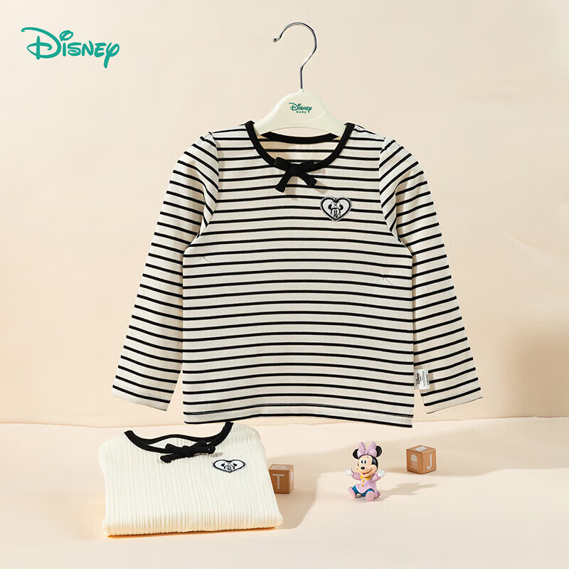 迪士尼宝宝(Disney Baby)秋季新款童装男女儿童米奇卡通透气百搭纯棉亲肤7A级抗菌长袖T恤 ZD3ES025黑白条 130