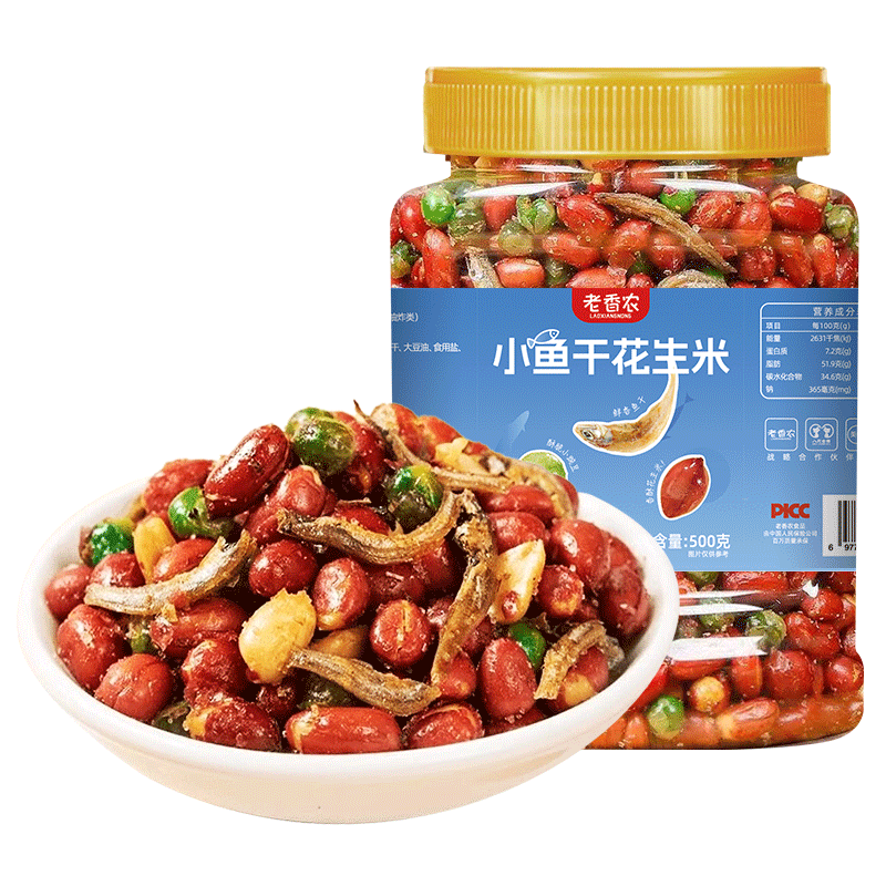 老香农小鱼花生米500g罐装下酒菜零食即食延边特产油炸酥脆麻辣豌豆鱼干