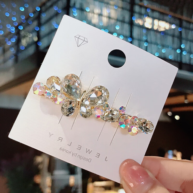 允茹粉色宝石水晶彩色钻石蝴蝶结发夹头饰侧边夹子刘海后脑勺鸭嘴