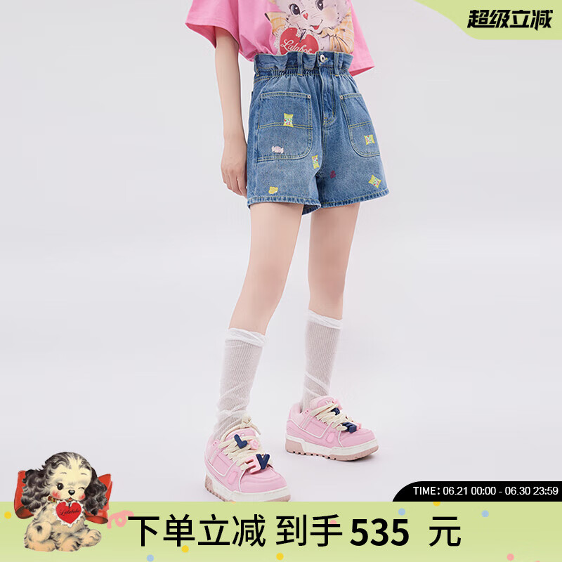 LALABOBO高腰牛仔短褲女裝2025夏季新款休閑百搭顯瘦顯腿長熱褲RBEB-ZD13 中藍白 L