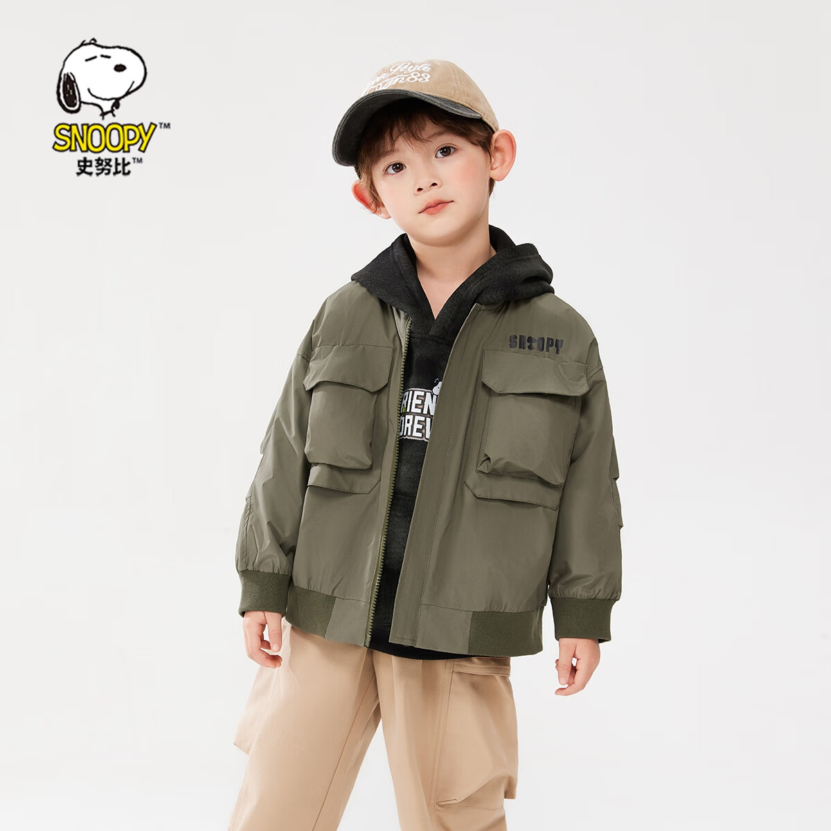 SNOOPY【兒童外套】25年春季新款中大童戶(hù)外工裝夾克休閑男女寶棒球服 F01綠色 140