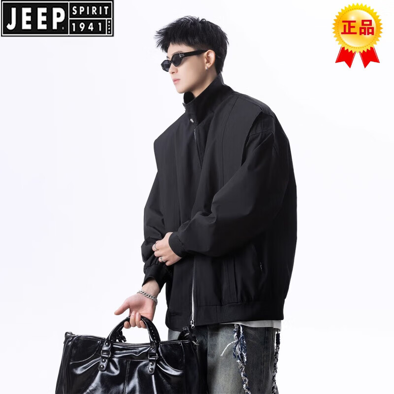 JEEP SPIRIT品牌黑色外套男款2025春裝新款痞帥感穿搭潮牌美式飛行員夾克 黑色 M