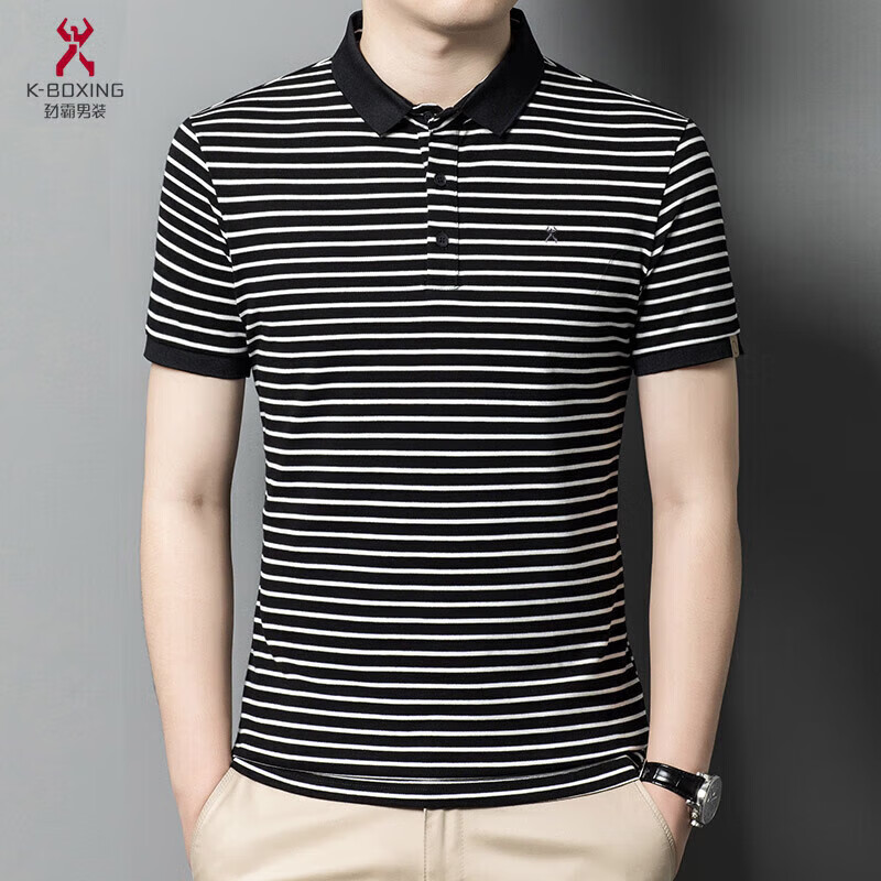 KBXNG劲霸官方旗舰高端纯棉短袖男t恤夏季新款拼色条纹中年休闲翻领T 绿色 3XL 190/100A 建议195-210斤