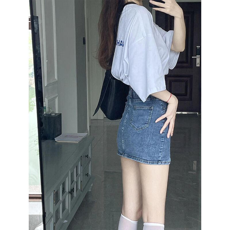 芳嬪牛仔裙半身裙女夏季小個(gè)子a字包臀短裙開叉牛仔新款高腰顯瘦裙裙 藍(lán)色 S建議80-98斤 均碼