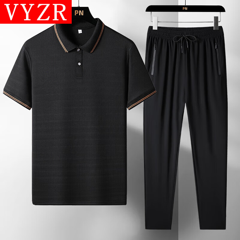 VYZR冰丝Polo衫运动套装男夏季跑步健身新款商务休闲速干短袖长裤整套 散口-黑色 L