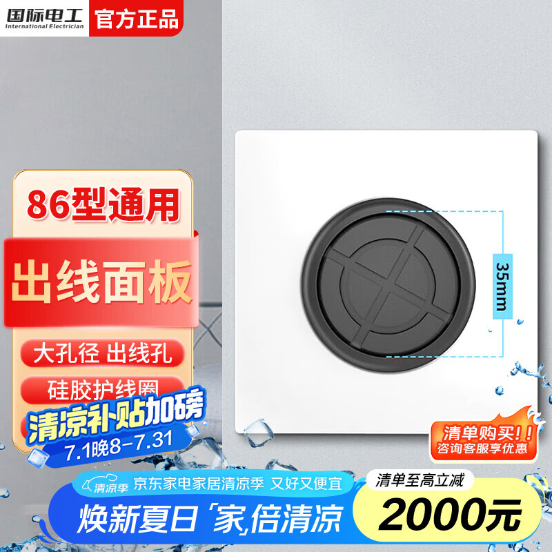 国际电工86型暗装空白面板带出线孔背景墙电视机穿线孔盖板穿孔堵洞遮挡盖 白色孔径35mm【带护线圈】