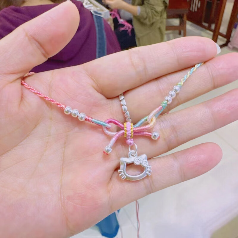 次嘉可爱猫咪吊坠项链 s999足银吊坠可爱萌宝儿童女孩蝴蝶结编织绳子 项链精美包装