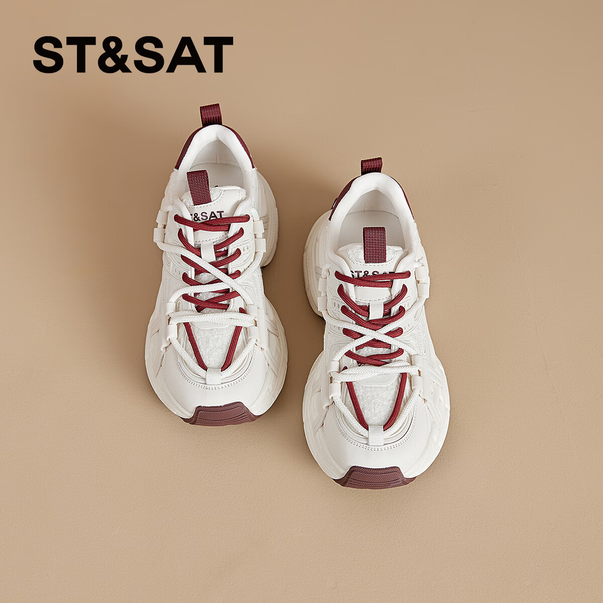 星期六（St&Sat）2025冬季新款复古拼色厚底老爹鞋百搭舒适休闲运动鞋跑步鞋子女鞋 米白色+红色 36