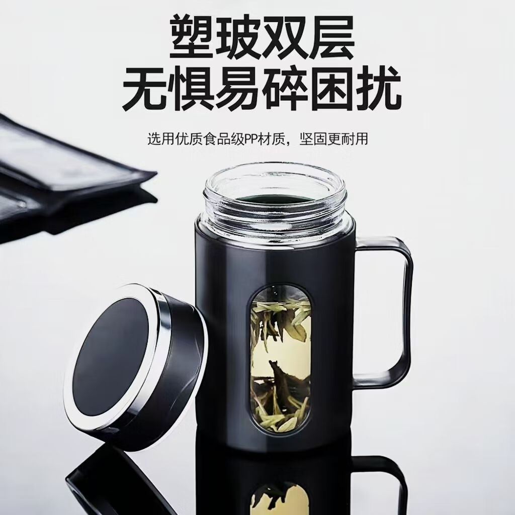 新款玻璃杯商务防爆把手大容量手柄办公室泡茶水杯防摔男女杯子 活动商务黑【两款随机发】 500ml 图 3