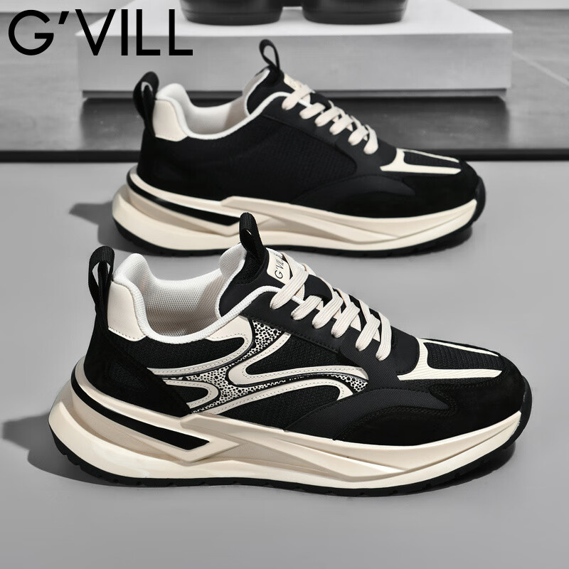 贵之步秋冬季新款舒适软底缓震防滑鞋男鞋厚底增高休闲运动鞋男款 黑杏 G020 42 （运动鞋码）