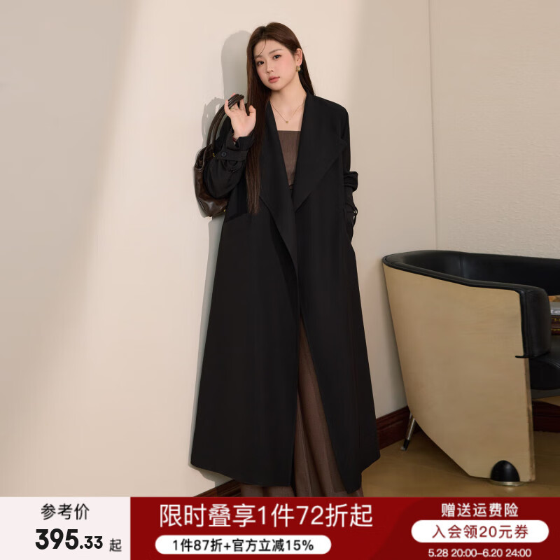 藍語大碼胖mm英倫風寬松收腰黑色風衣2025春季巨顯瘦氣質(zhì)長款外套 黑色 現(xiàn)貨 L