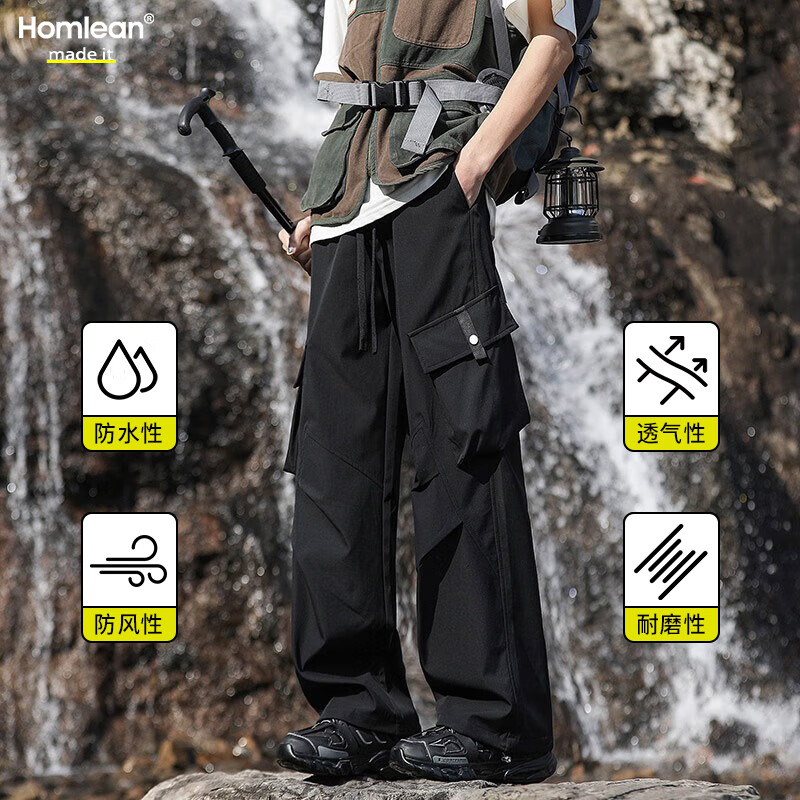 Homlean美式户外工装裤夏季男士宽松直筒阔腿防水运动休闲裤HT22黑色XL