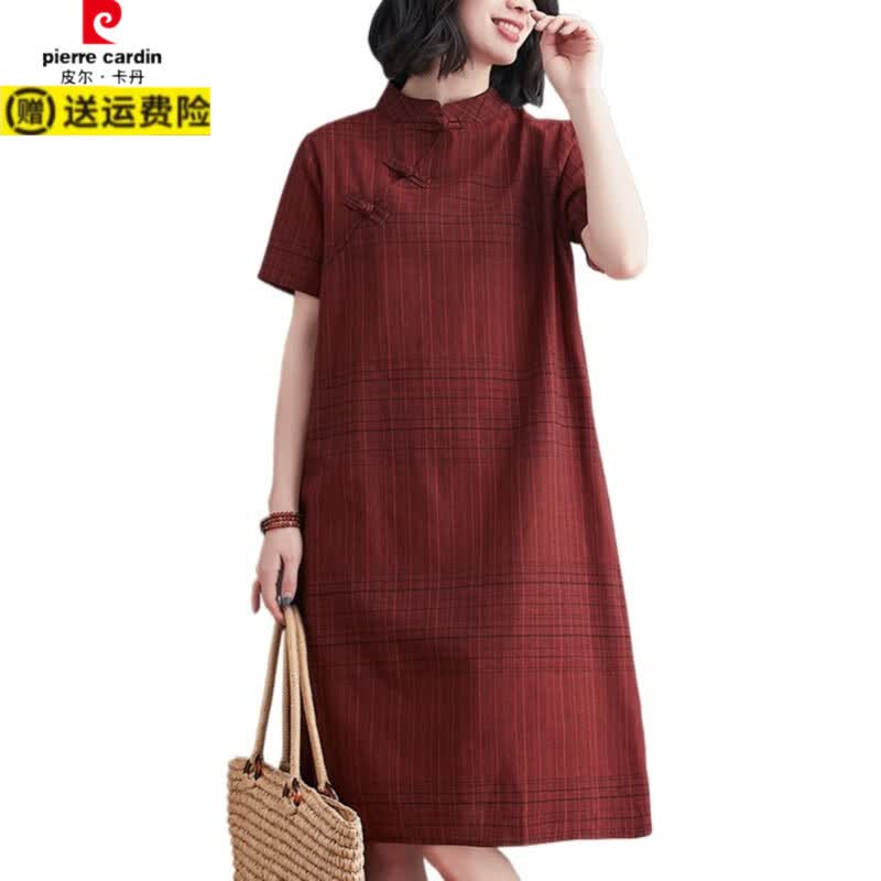 皮尔卡丹（pierre cardin）复古中式盘扣改良旗袍裙森系格子短袖宽松中长款棉麻连衣裙女夏季 暗红色 L 建议100-120斤