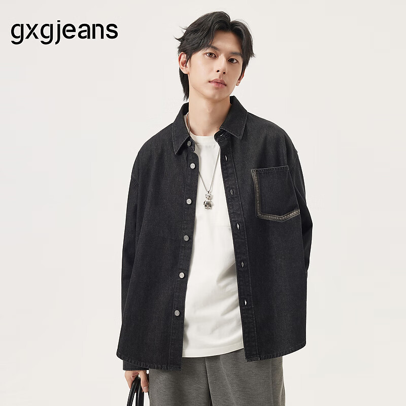 gxgjeans男装 黑色复古撞色口袋时尚宽松牛仔衬衫 25秋新品 黑灰 2XL (185)