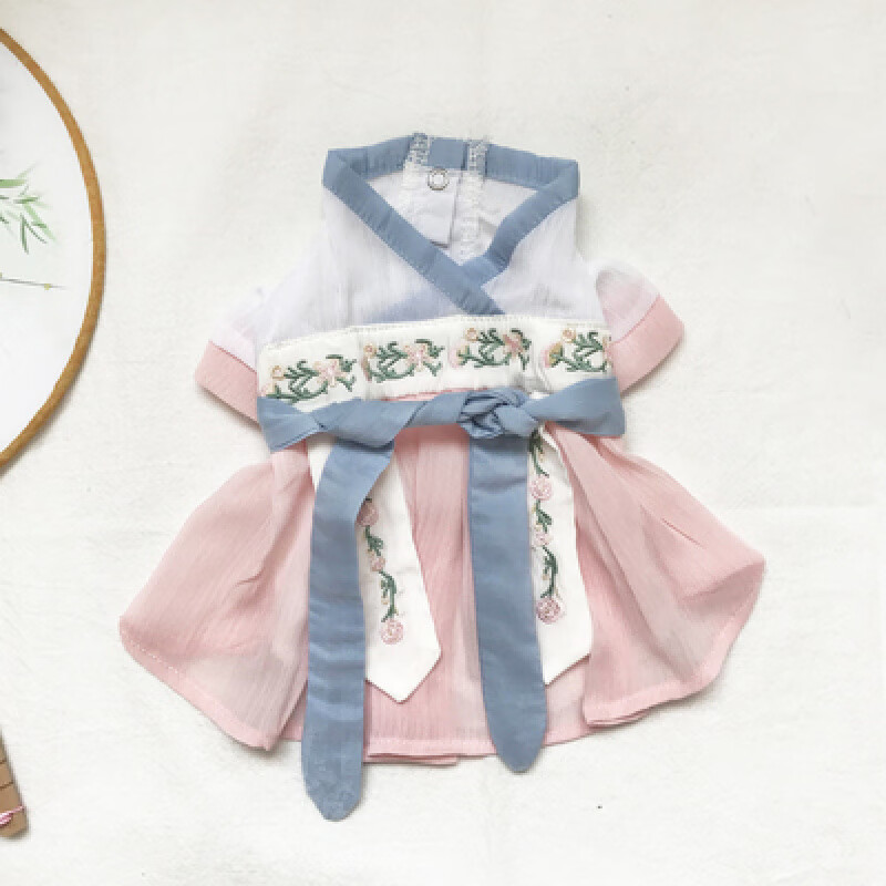 寵物漢服 狗狗貓貓衣服夏季薄款 仙女古風連衣裙貓咪古裝泰迪拍照 桃花粉+藍飄帶 XS