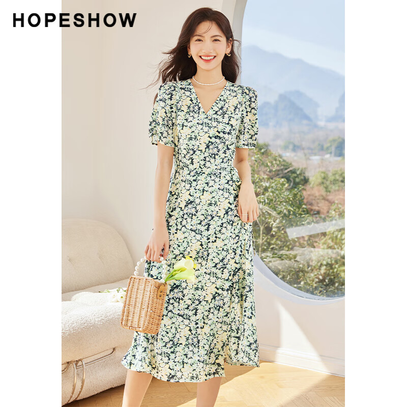紅袖（hopeshow）茶歇法式連衣裙女夏季新款泡泡袖收腰V領氣質碎花雪紡裙 黑底花658 XS