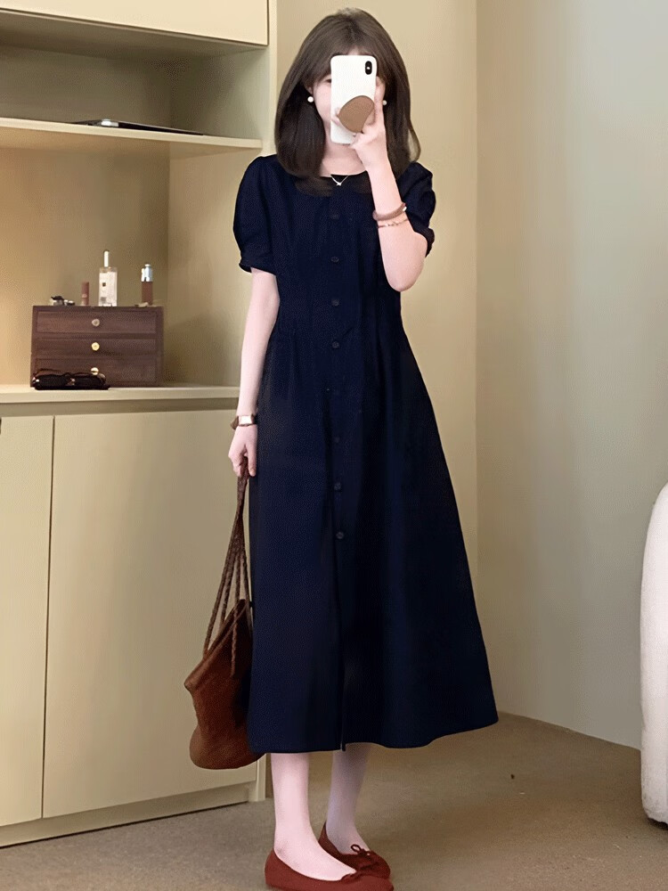酷章（KUZHANG）法式泡泡袖连衣裙女夏2025新款今年流行初夏穿搭小个子长裙子 黑色连衣裙 S