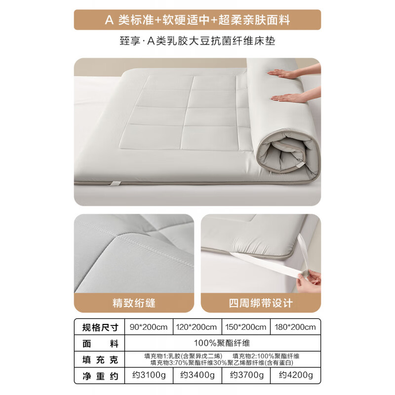 罗莱家纺A类乳胶大豆纤维床垫床垫家用软垫床褥垫学生宿舍 乳胶纤维床垫A类标准+乳胶夹层 90*200CM