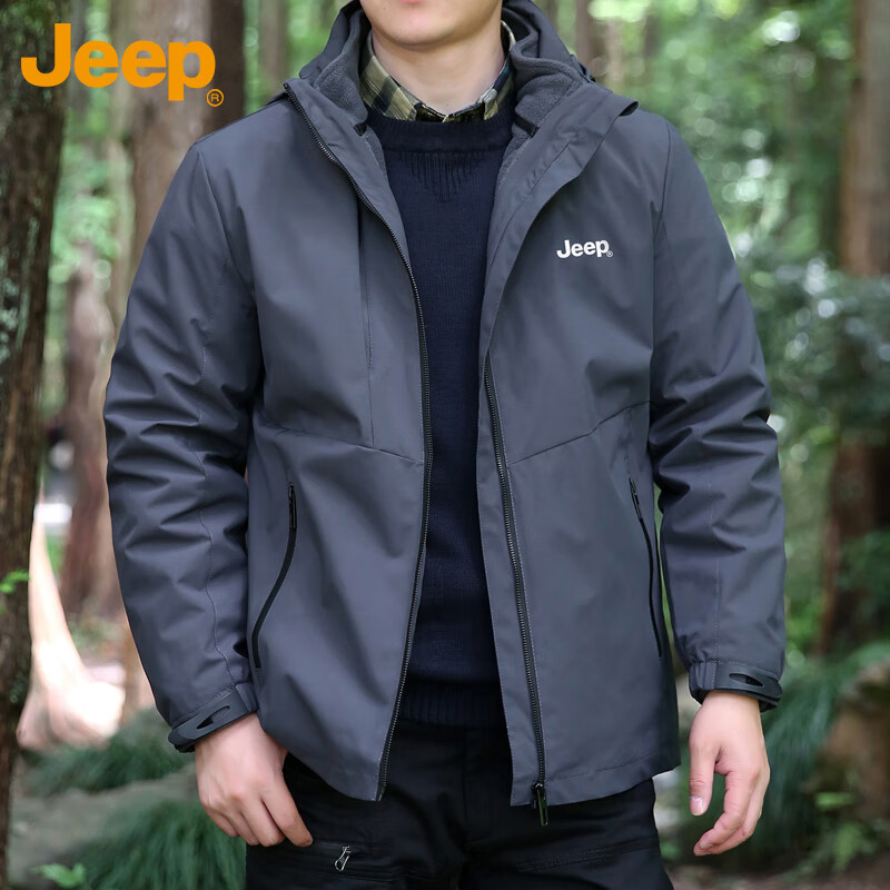 吉普（JEEP）夹克男秋冬季休闲连帽外套男士潮流宽松冲锋衣服男装 灰色 XL