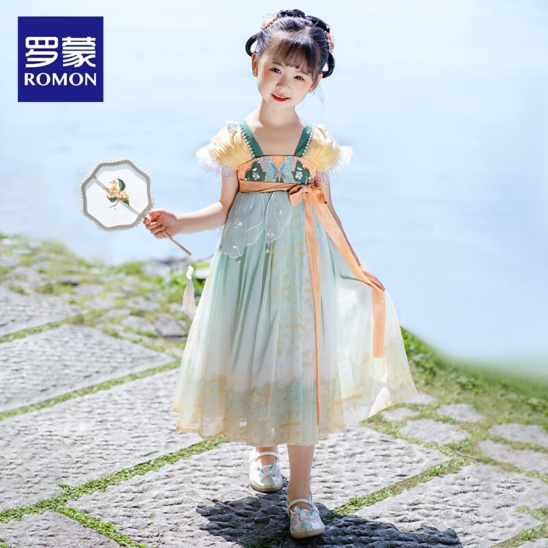 罗蒙女童汉服夏季款2026款儿童中国风原创齐胸襦裙唐装毕业演出服 HQ1200 锦缎绿襦裙 110