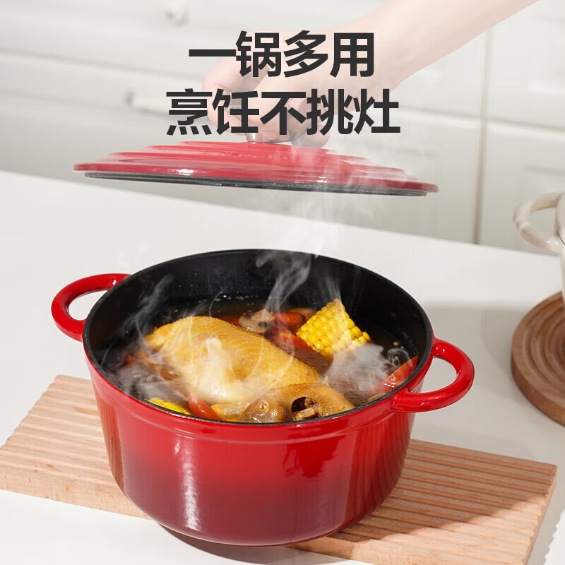 乐扣乐扣（LOCK&amp;LOCK）珐琅铸铁锅双耳汤锅炖锅奶锅煮锅煮面煲汤电磁炉煤气灶红色24cm