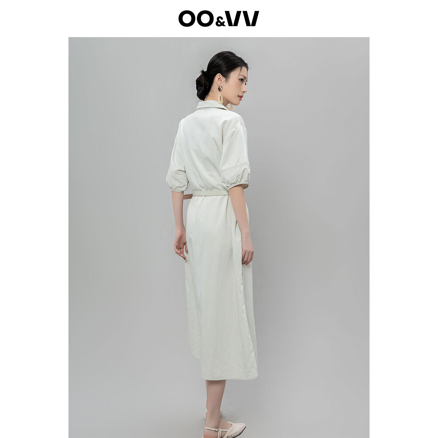 OO&VV法式蕾丝口袋休闲风衬衫领泡泡袖系带收腰长款连衣裙女夏新 莫奈灰 M