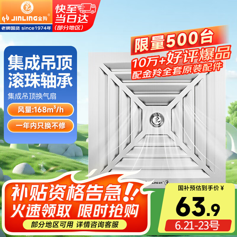 金羚（JINLING）集成吊顶排气扇卫生间排风扇厕所换气BPT10-22-1D银色