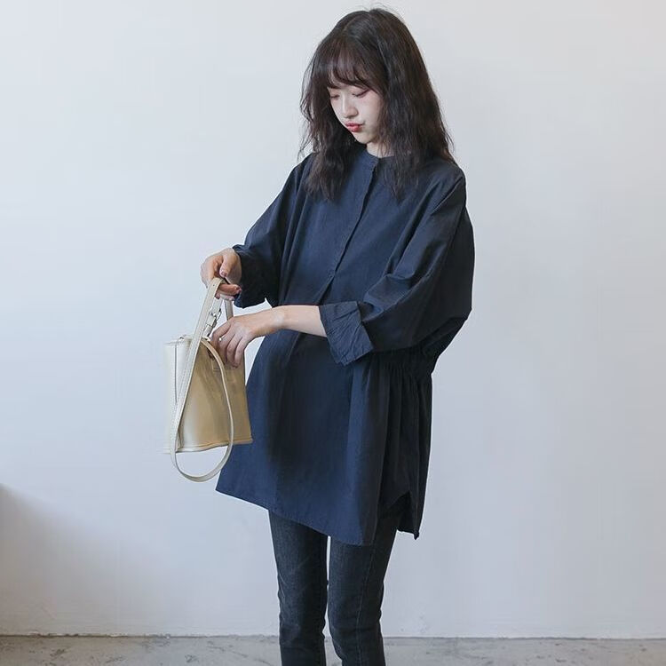 爱菲莹孕妇衬衫春装中长款宽松白色上衣哺乳衬衣长袖孕妇衬衣职业装春秋 蓝色 S