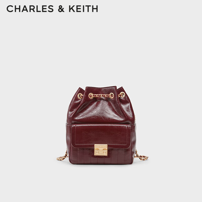 CHARLES&KEITH時(shí)尚通勤鏈條油蠟褶皺雙肩包生日禮物CK2-60271530